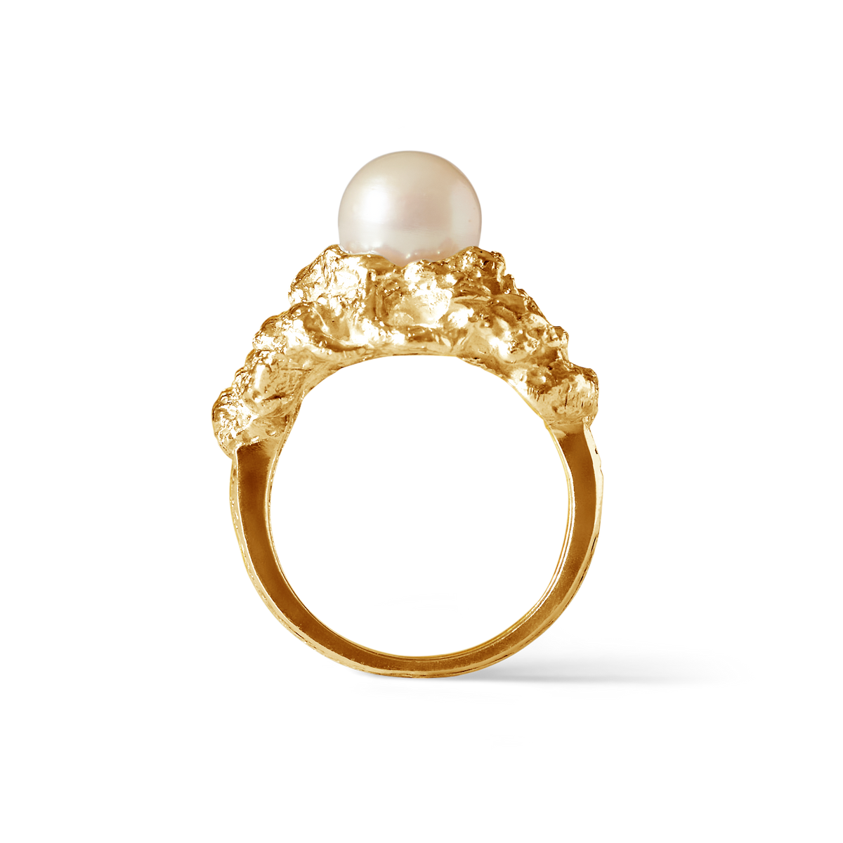 Close-up of golden South Sea pearl set in a handcrafted Grand Sable gold ring