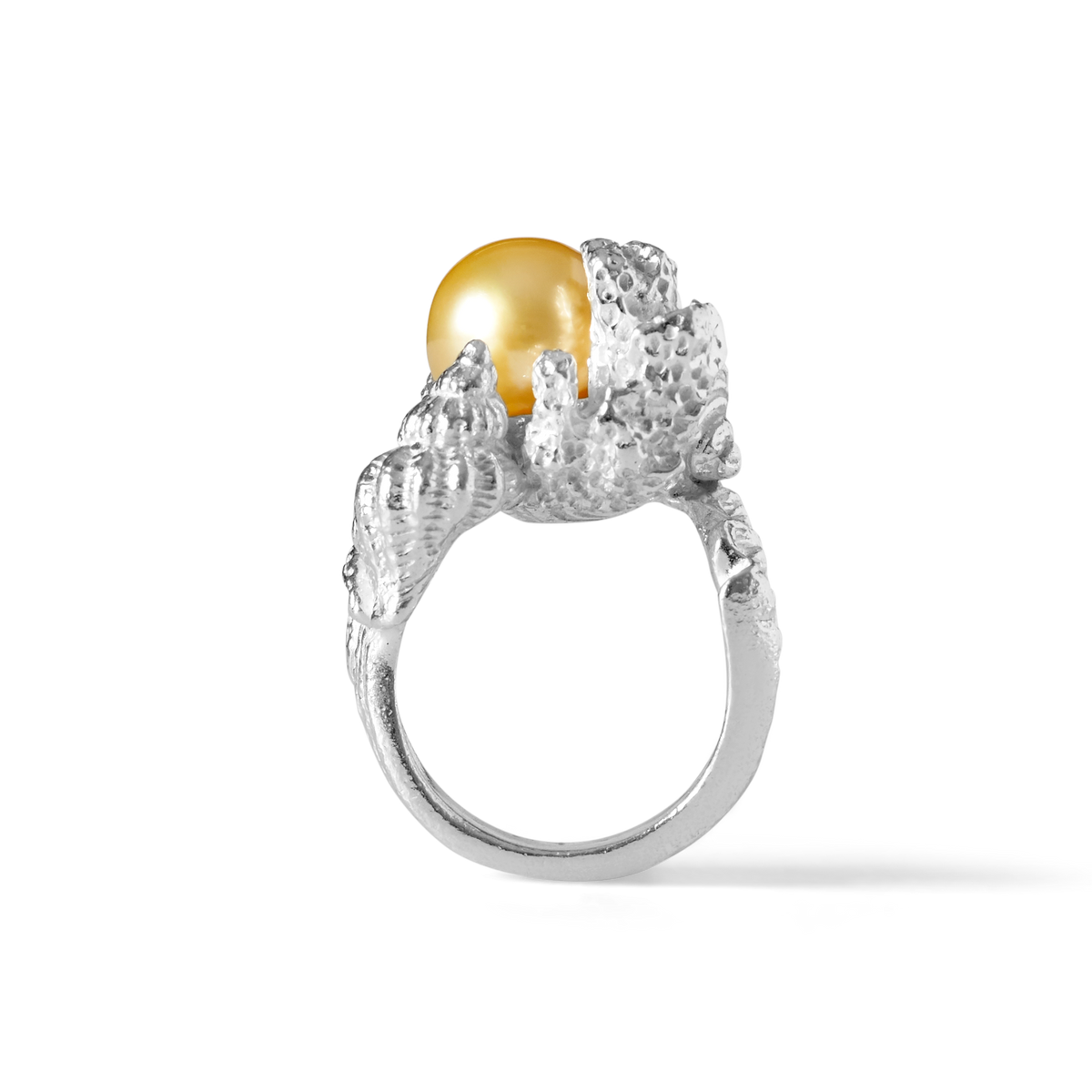 Side view of Grand Sable sterling silver ring with golden South Sea pearl