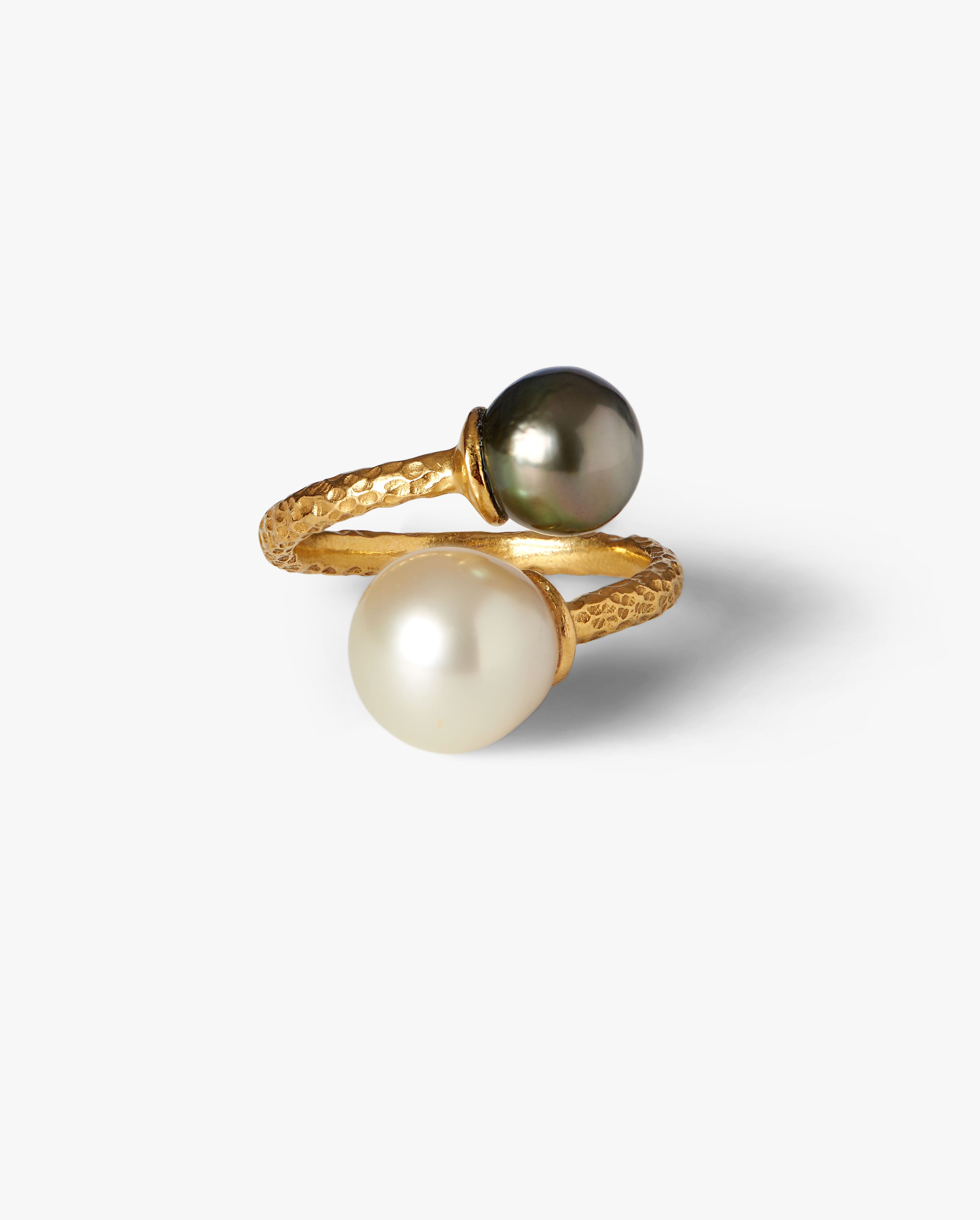 Trou D'eau Douce 18k Solid Gold Beaten Tahitian 8mm and South sea White 10 mm