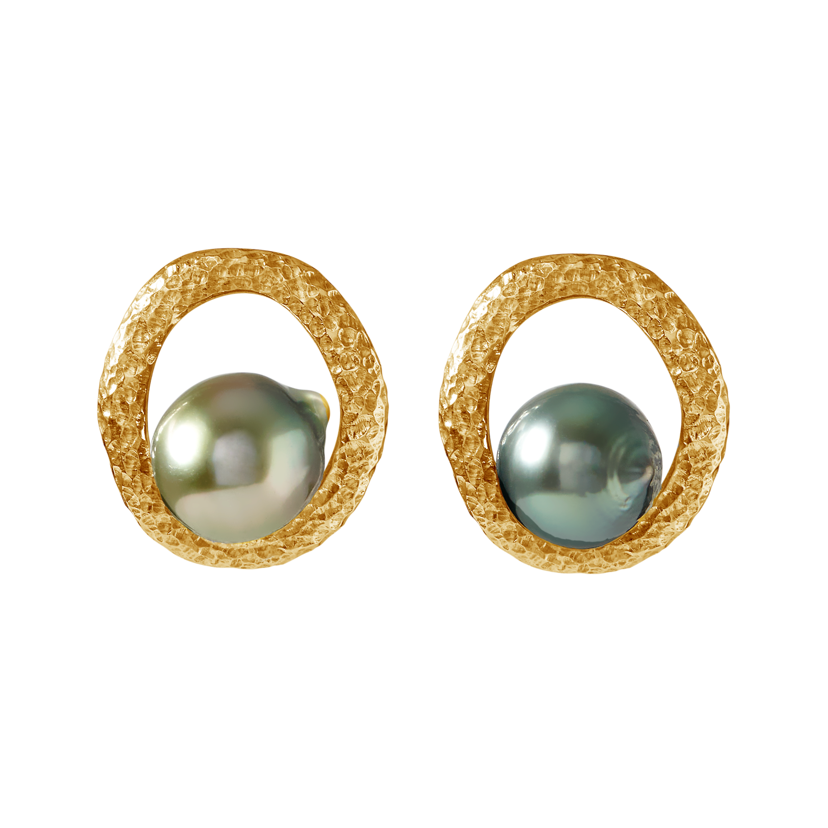 Pamplemousse gold beaten stud earrings with 10mm Tahitian semi-round pearls