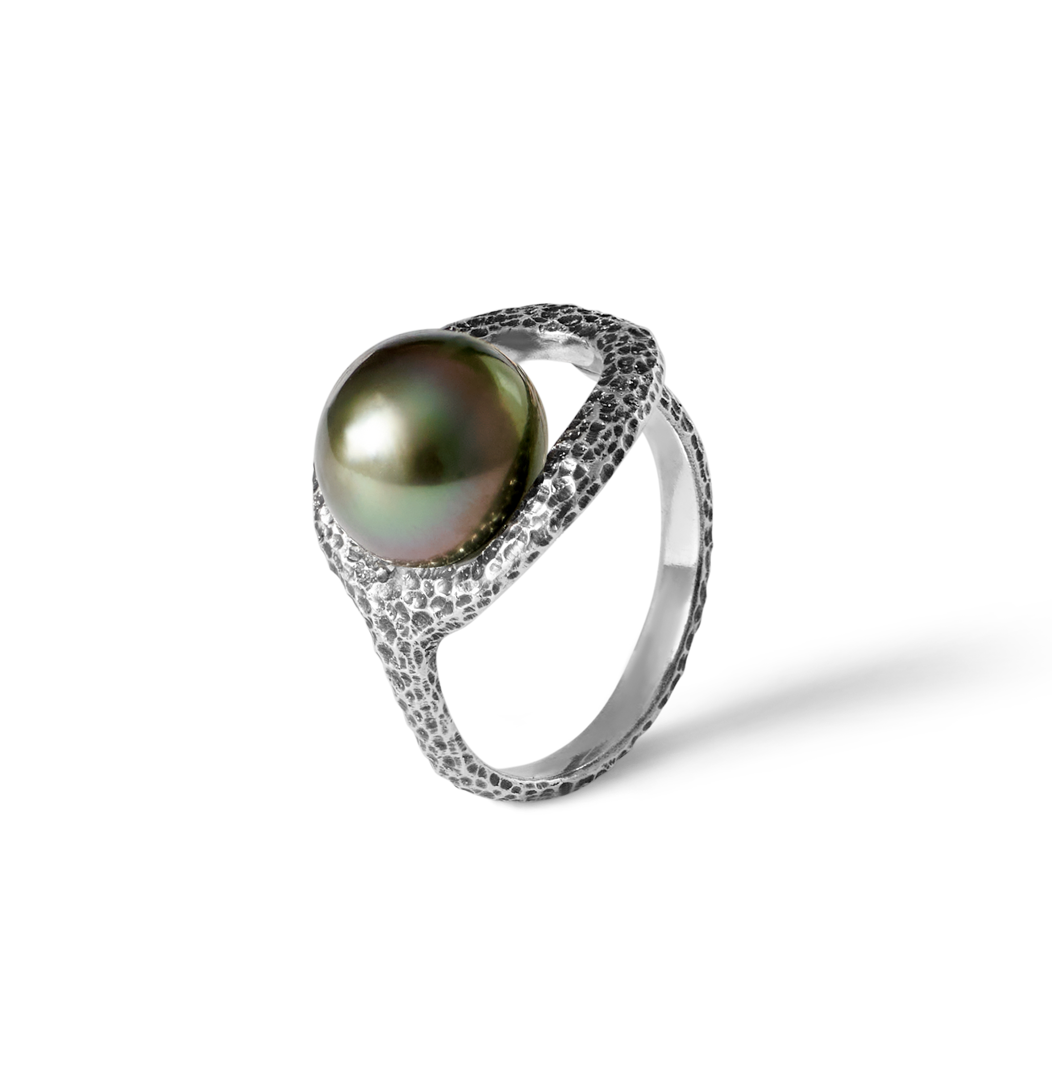 Pamplemousse oxidised sterling silver ring with 10mm Tahitian pearl