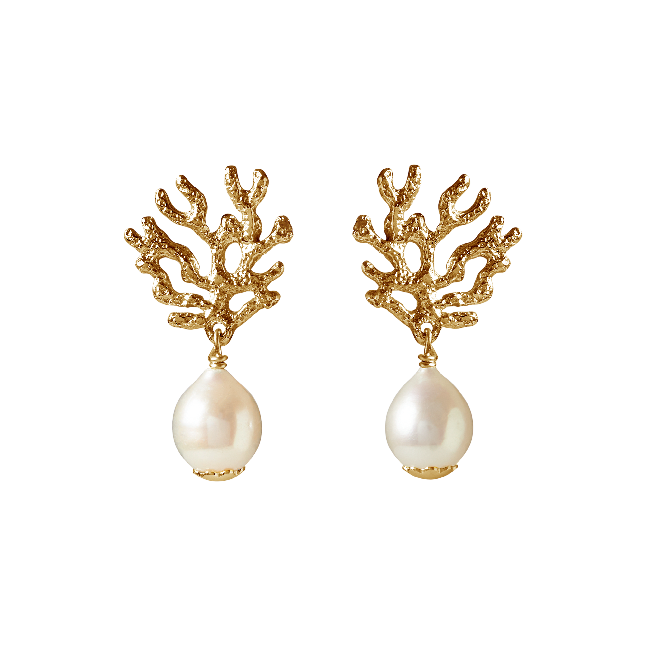 Plaine Corail gold drop earrings with white freshwater pearls and coral-inspired design