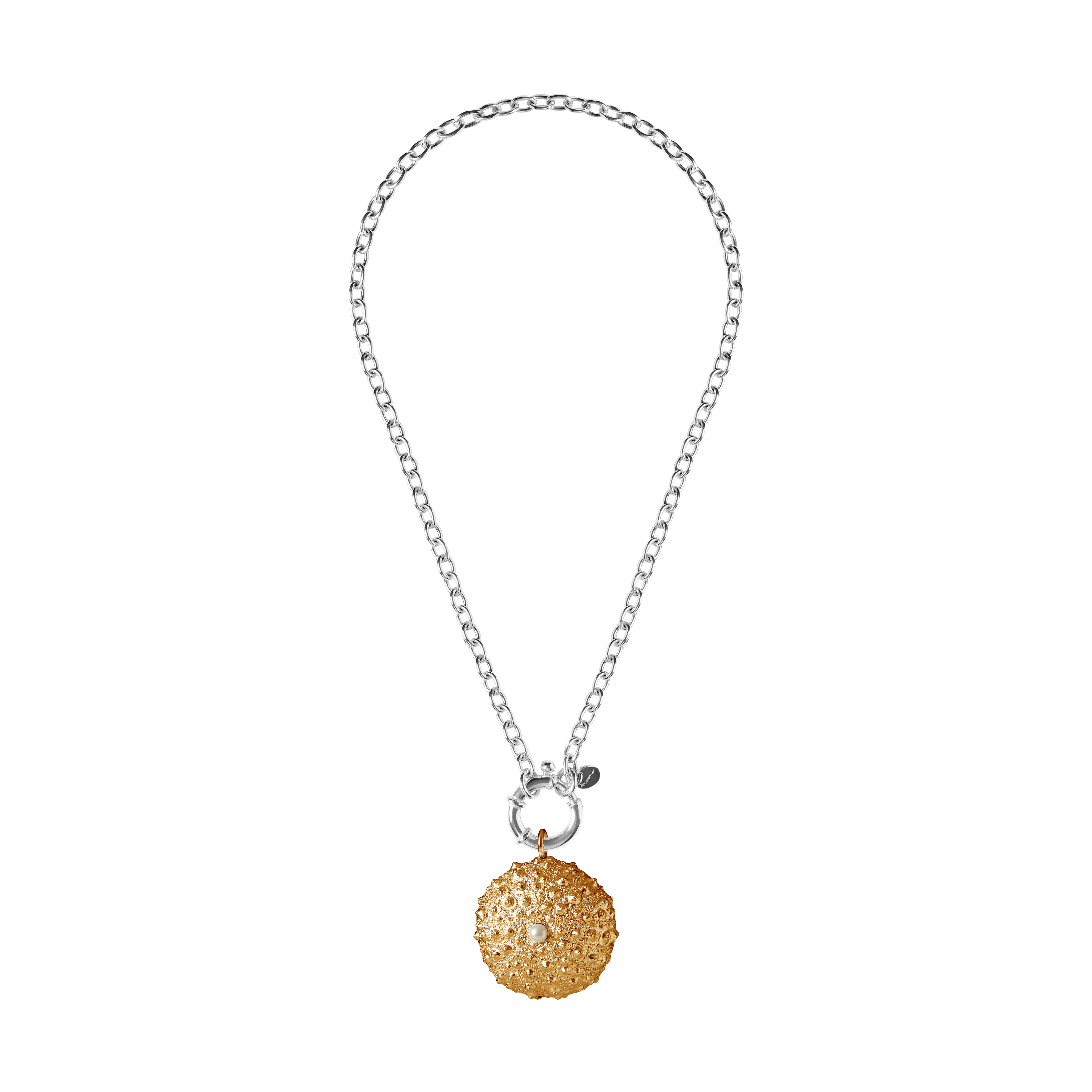 St Géran silver sea urchin pendant gold vermeil with natural white pearl by Oceano Jewels