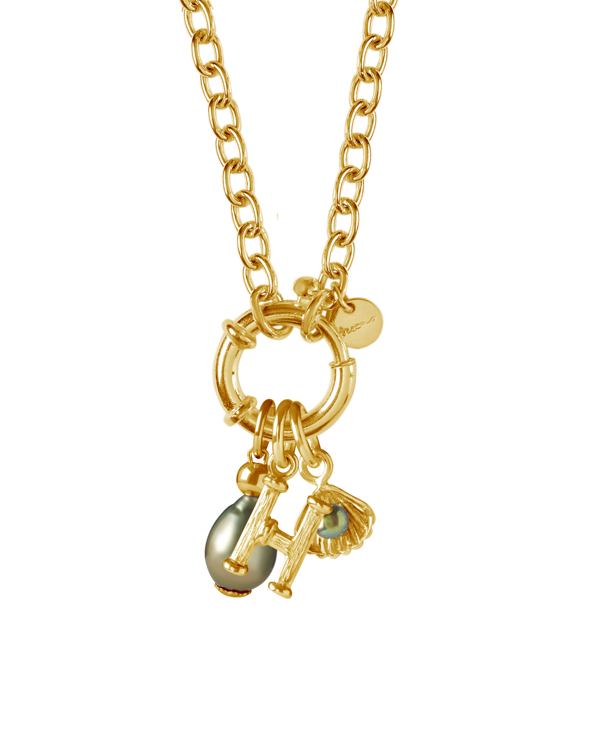 Detail of the St Géran gold alphabet and charms necklace