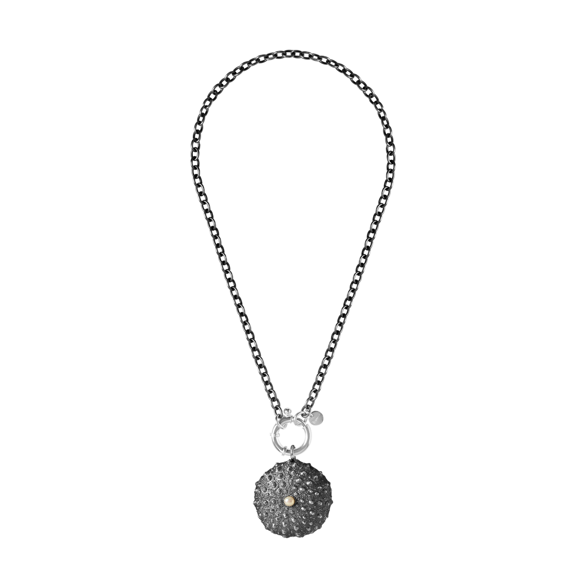 St Géran oxidised silver sea urchin necklace with white freshwater pearl by Oceano Jewels