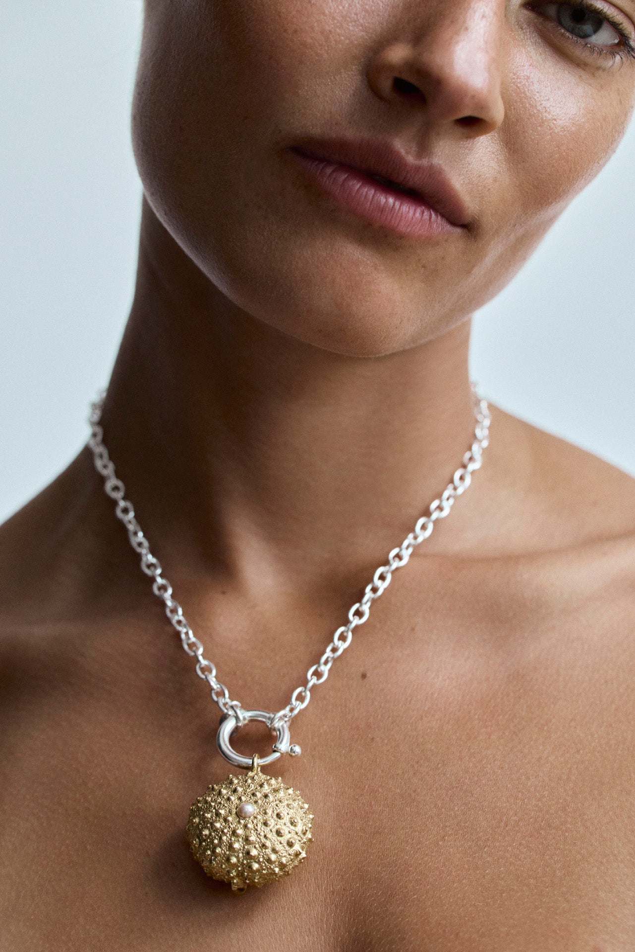 Signature nautical clasp on the St Géran handcrafted sterling silver sea urchin necklace