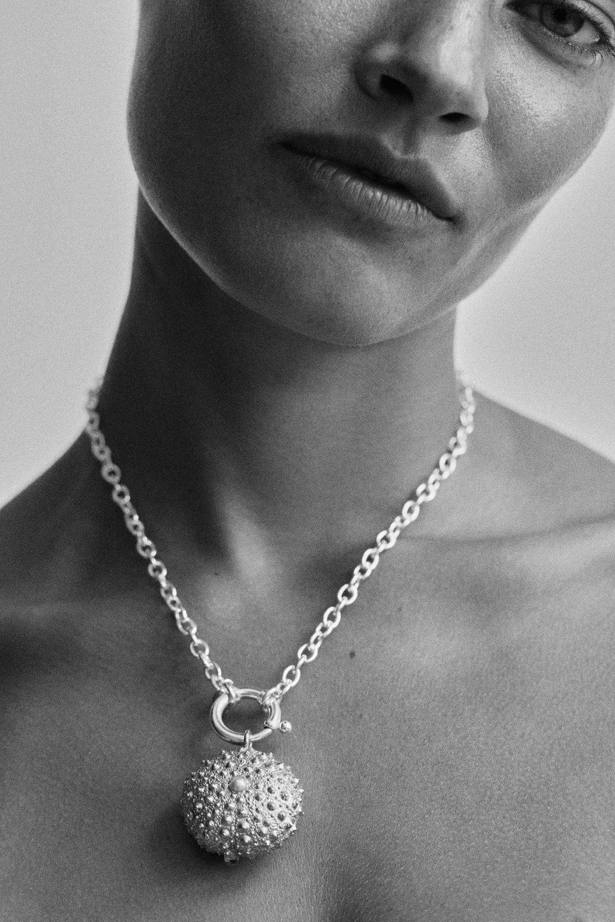 St Géran sterling silver sea urchin pendant with natural white pearl