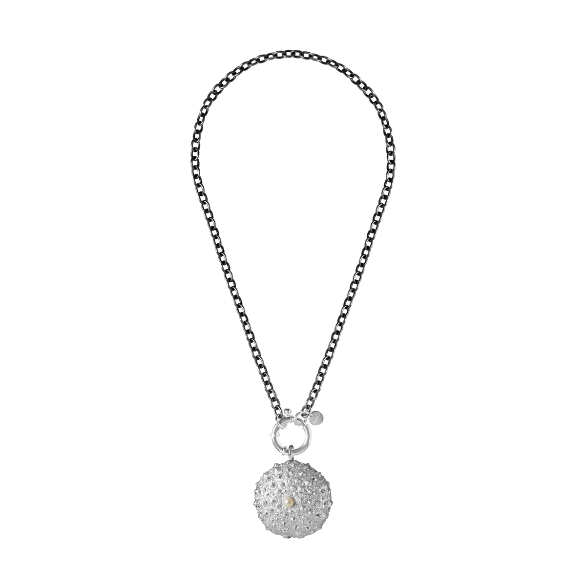 St Géran two-toned silver sea urchin necklace with white pearl