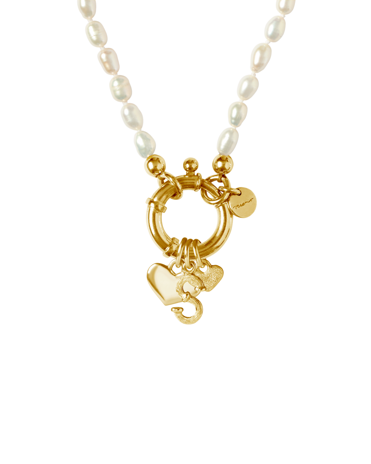 Surinam Gold Alphabet & Charms 42cm necklace with freshwater rice pearls