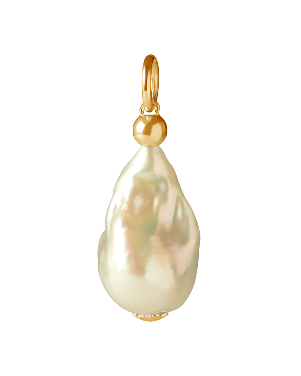 Detail of charms and white freshwater rice pearls on Surinam gold necklace