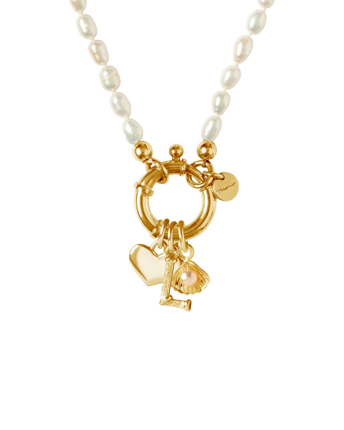 Personalised Surinam gold necklace with freshwater pearls and alphabet charms