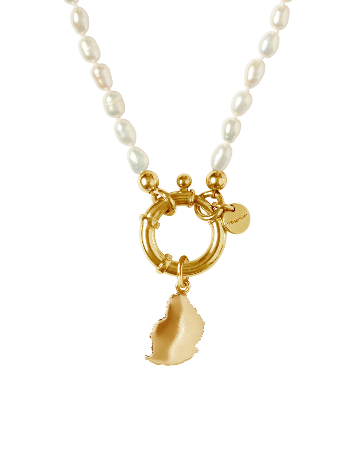 Surinam gold necklace with luminous white freshwater rice pearls and map charm