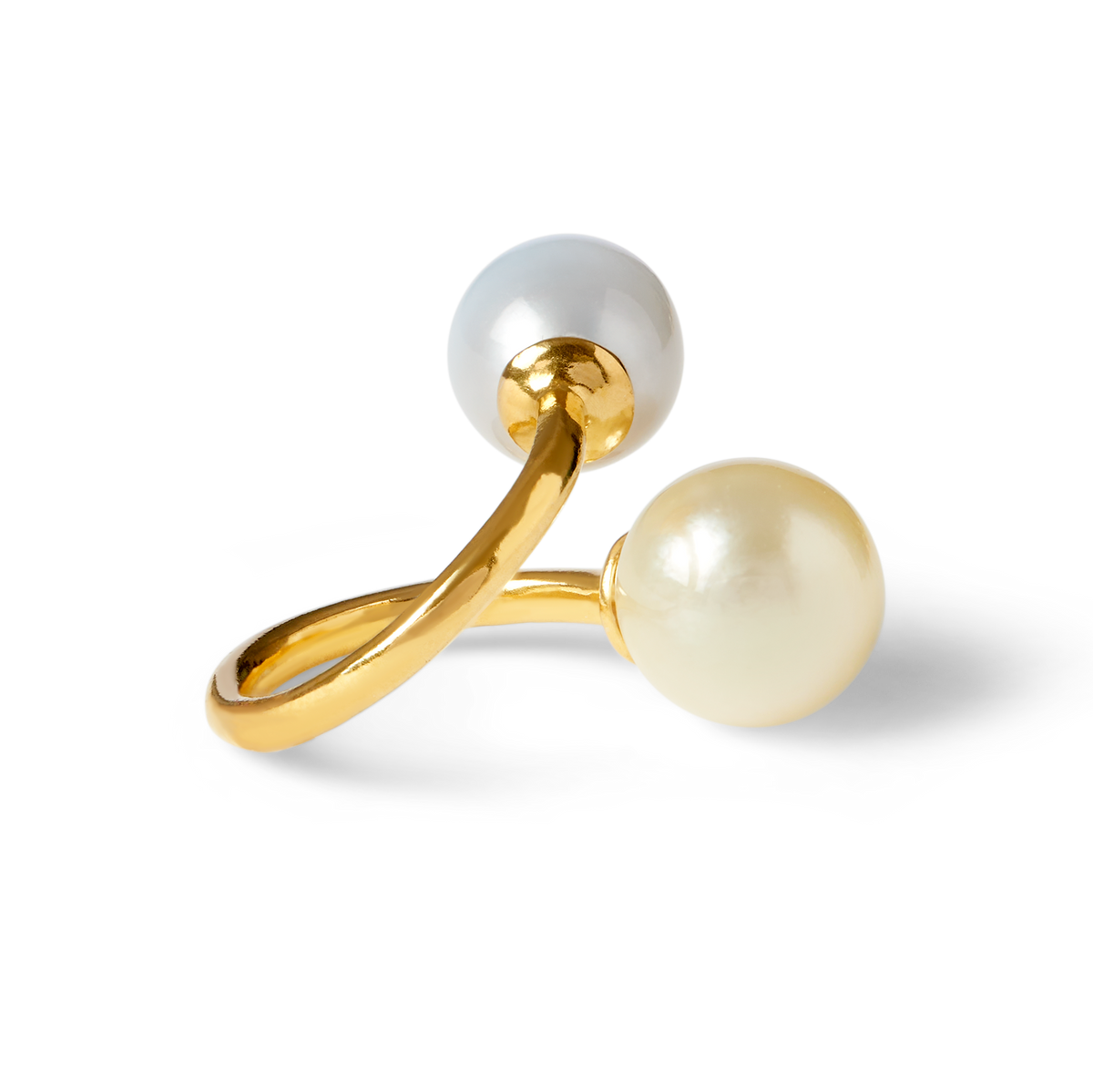 Side view of gold vermeil Trou D'eau Douce ring with 8mm and 12mm white pearls