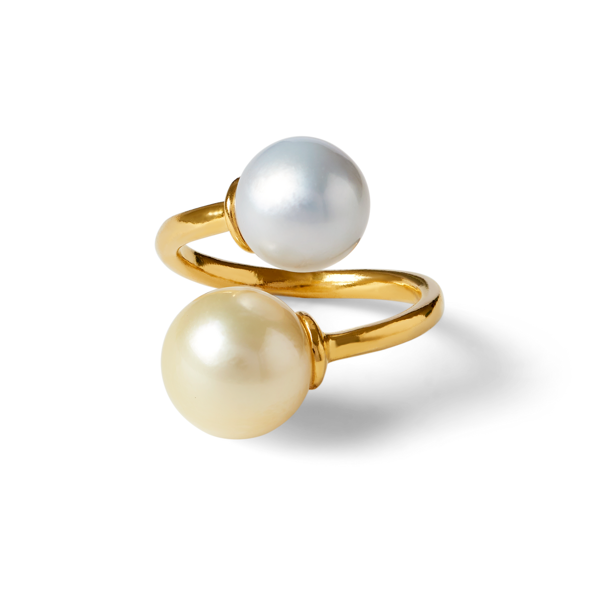 Side view of gold vermeil Trou D'eau Douce ring with 8mm and 12mm white pearls