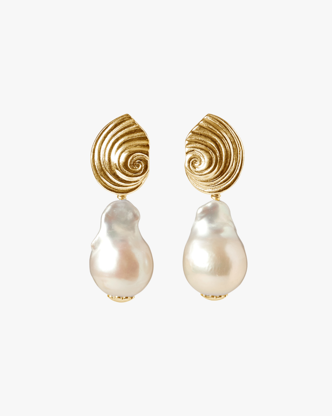 Close-up of Agalega 18K solid gold drop earrings with lustrous white South Sea pearls