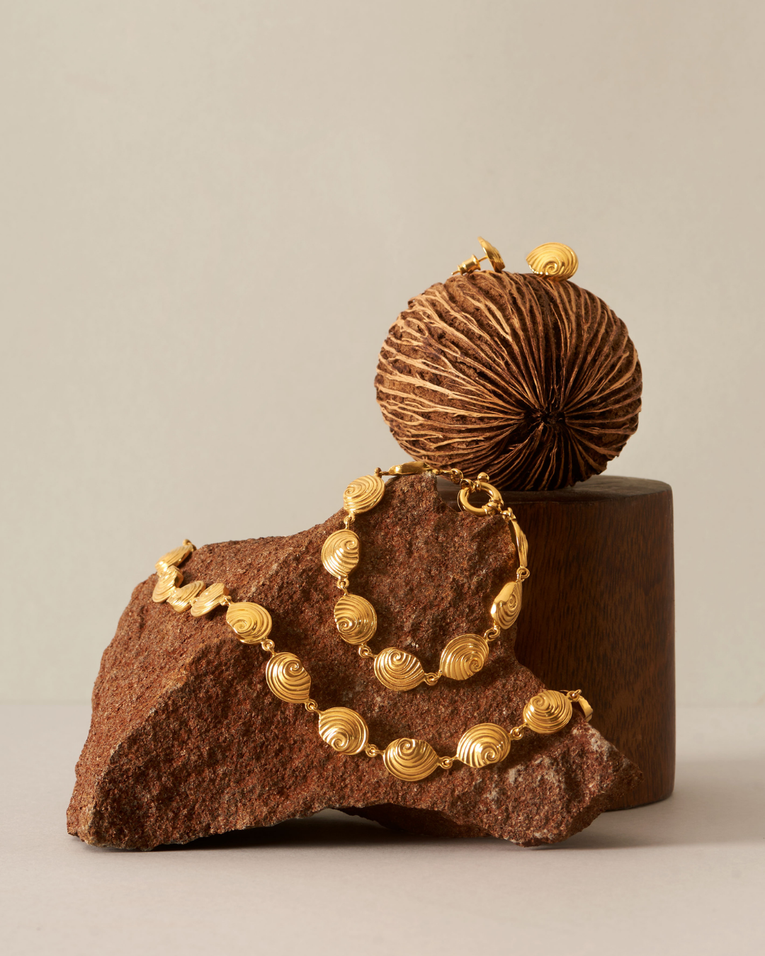 Agalega 18K gold vermeil bracelet with spiral shell charms, 19cm length, by Oceano Jewels