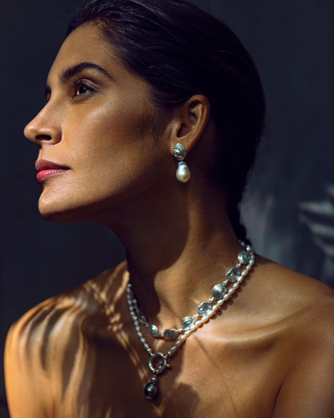 Agalega earrings featuring large natural white freshwater baroque pearls and oxidised silver