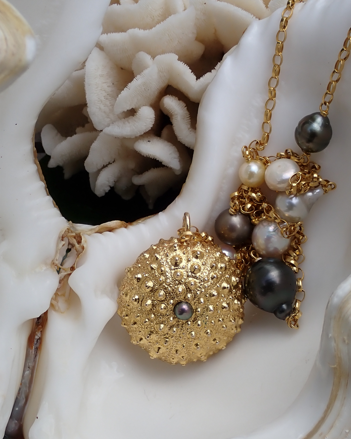 Blue Bay Sea Urchin pearl necklace handcrafted in Mauritius by Oceano Jewels