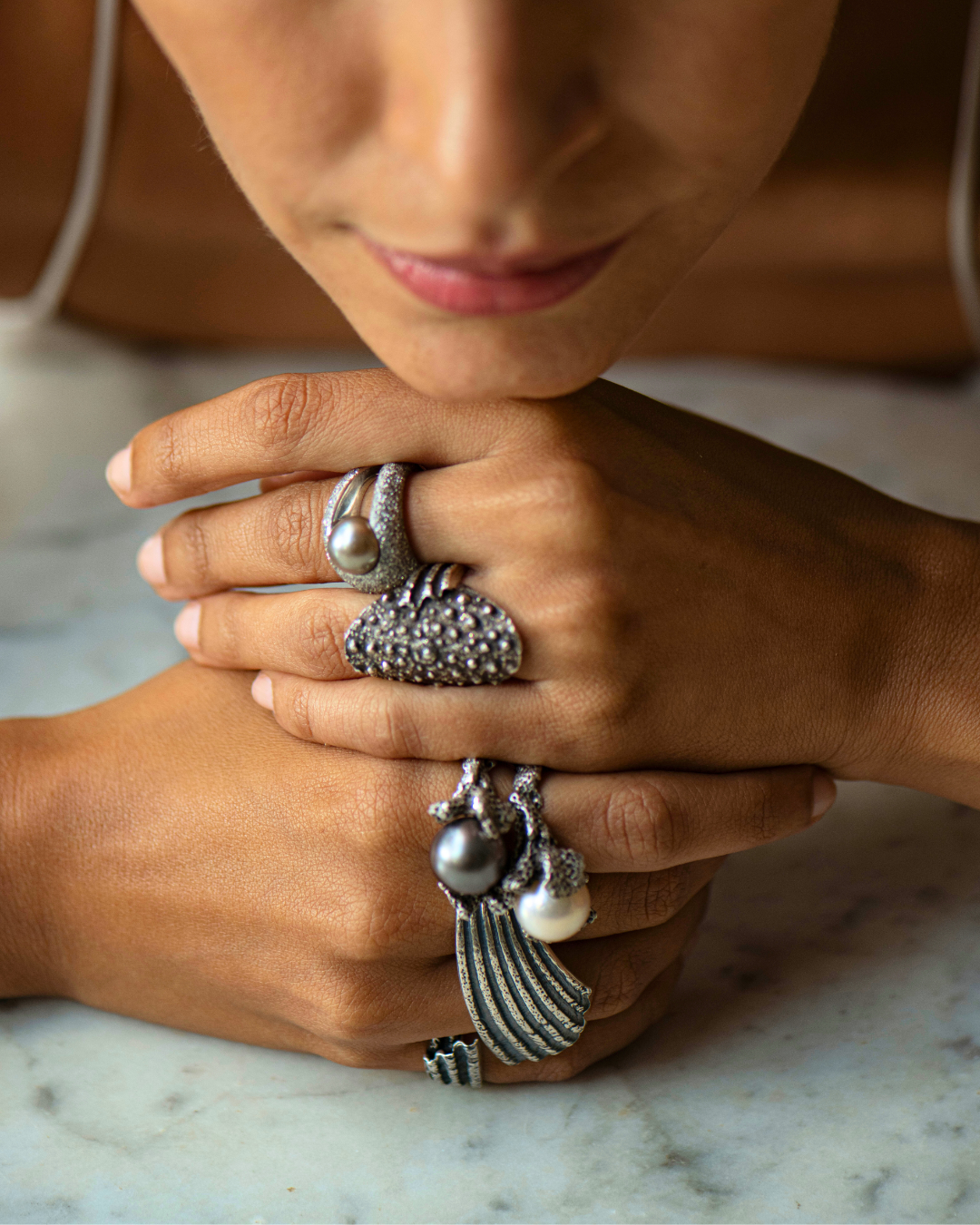 Oceano Jewels oxidised silver jewellery featuring the Grand Gaube and Riambel rings, handcrafted in Mauritius