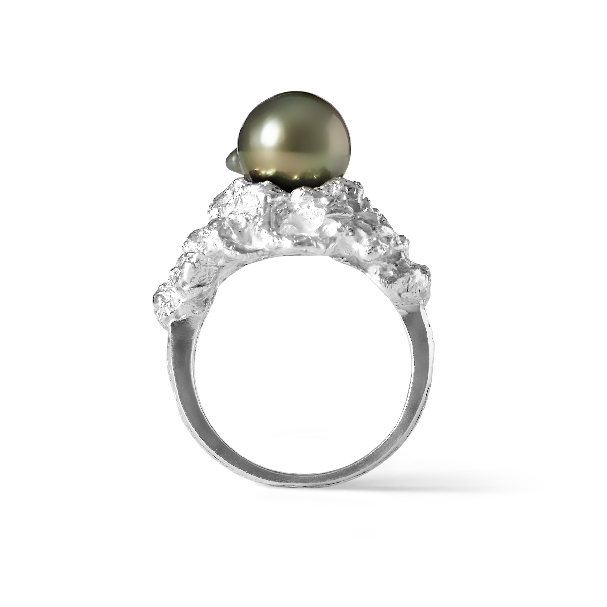 Ile aux Sables 925 sterling silver ring with iridescent 9mm Tahitian pearl and coral-inspired band