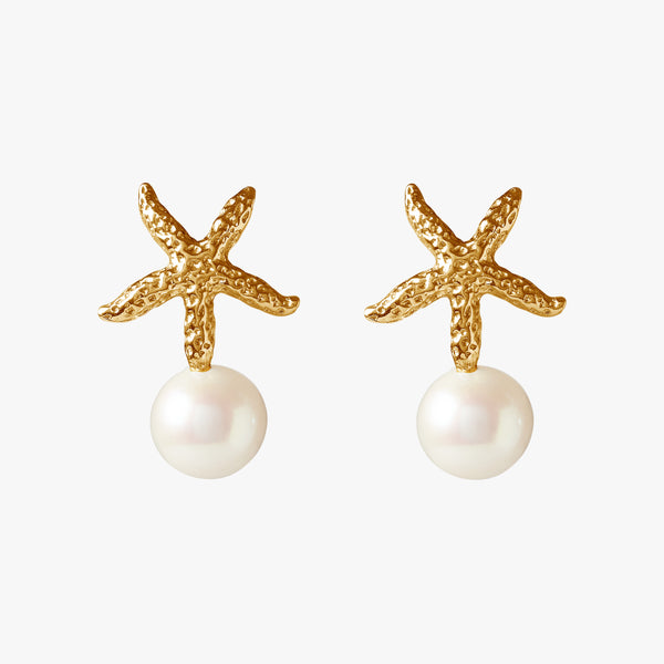Ilot Starfish gold vermeil earrings with white 8mm round freshwater pearls by Oceano Jewels