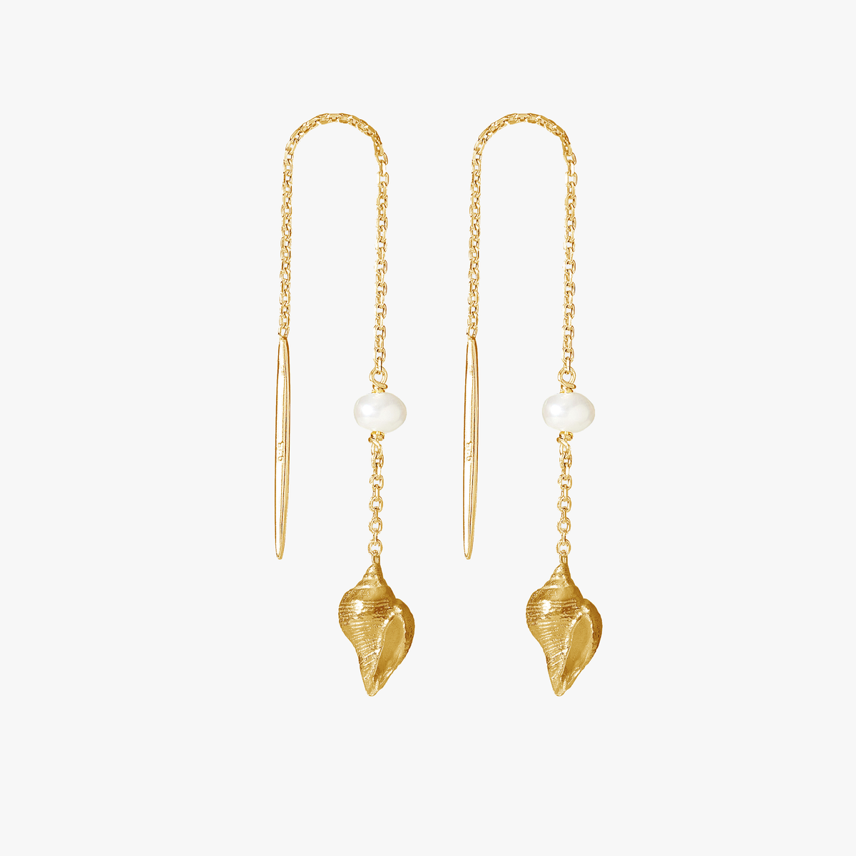 Les Salines Gold Conch drop earrings in 18K gold vermeil with white freshwater pearls and shell charms, handcrafted by Oceano Jewels in Mauritius.