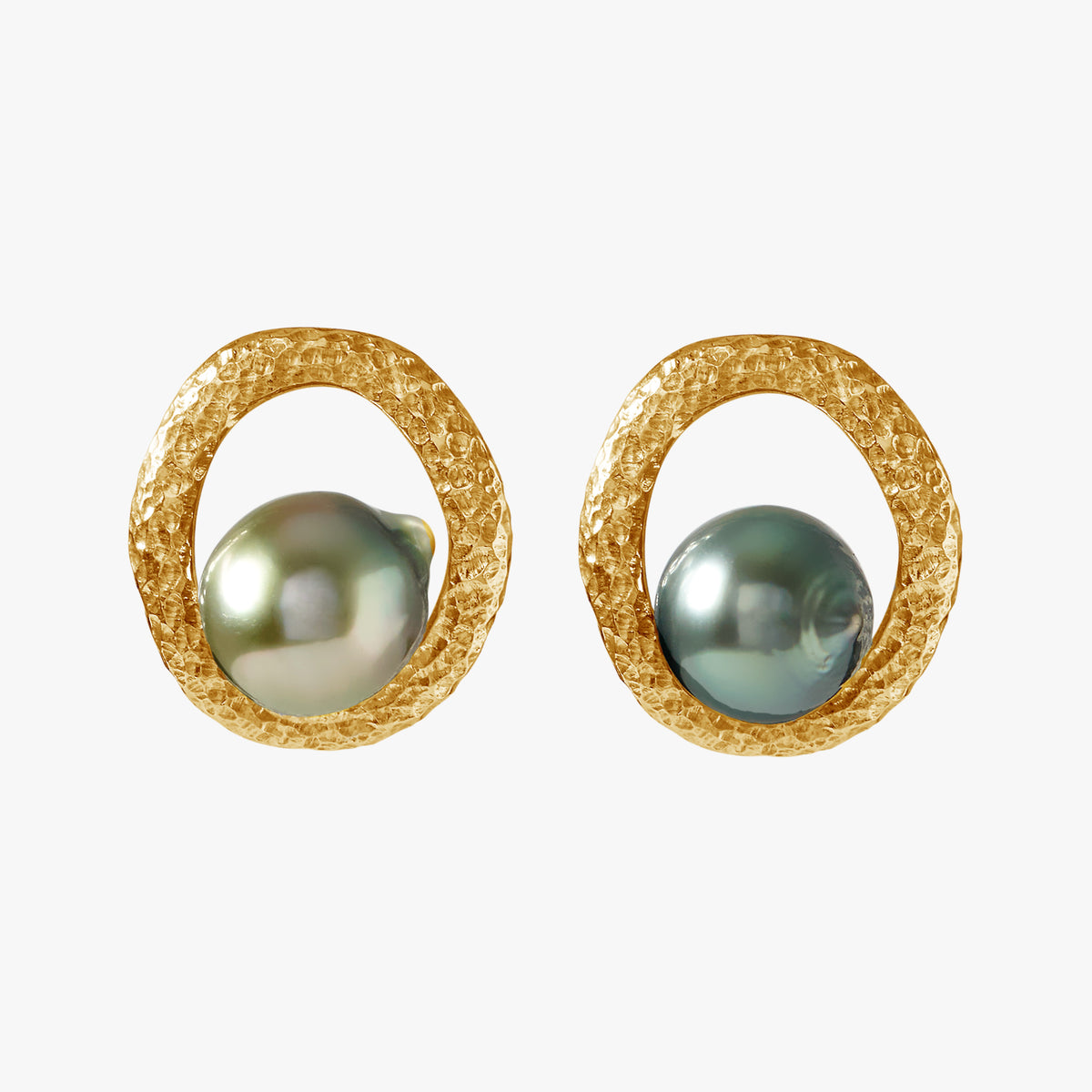 Pamplemousse gold beaten stud earrings with 10mm Tahitian semi-round pearls