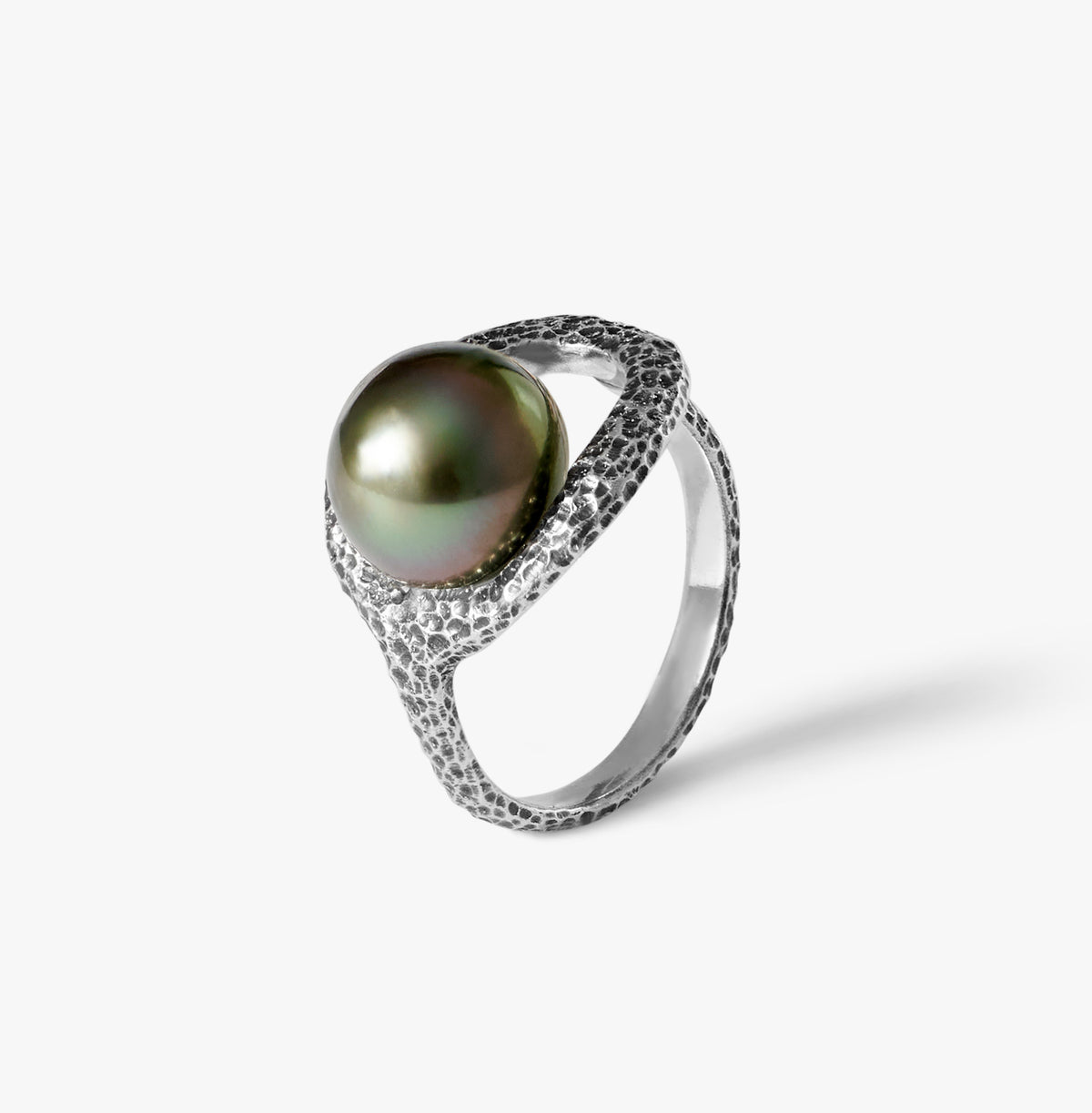 Pamplemousse oxidised sterling silver ring with 10mm Tahitian pearl