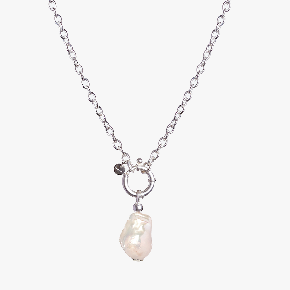 Close-up of the St Géran oxidised sterling silver necklace with a natural 13–14 mm freshwater baroque pearl