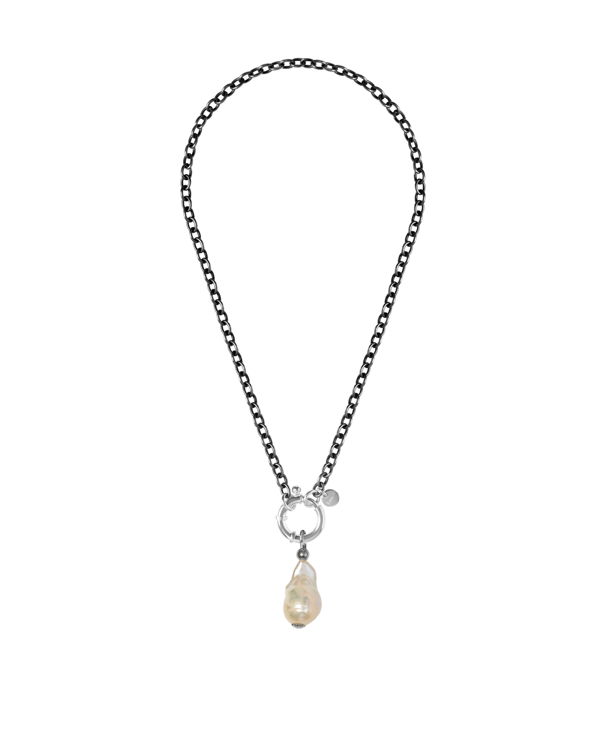 St Géran oxidised silver necklace with a natural freshwater medium baroque pearl, handmade by Oceano Jewels in Mauritius