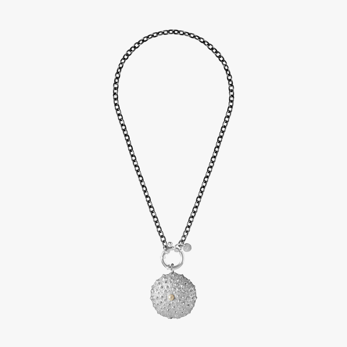 St Géran two-toned silver sea urchin necklace with white pearl
