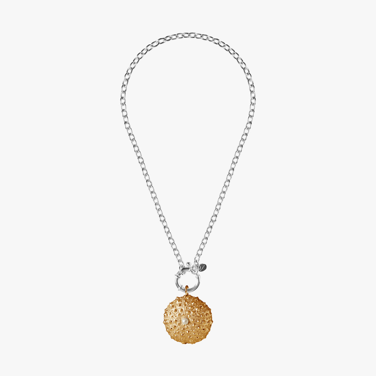 St Géran silver sea urchin pendant gold vermeil with natural white pearl by Oceano Jewels