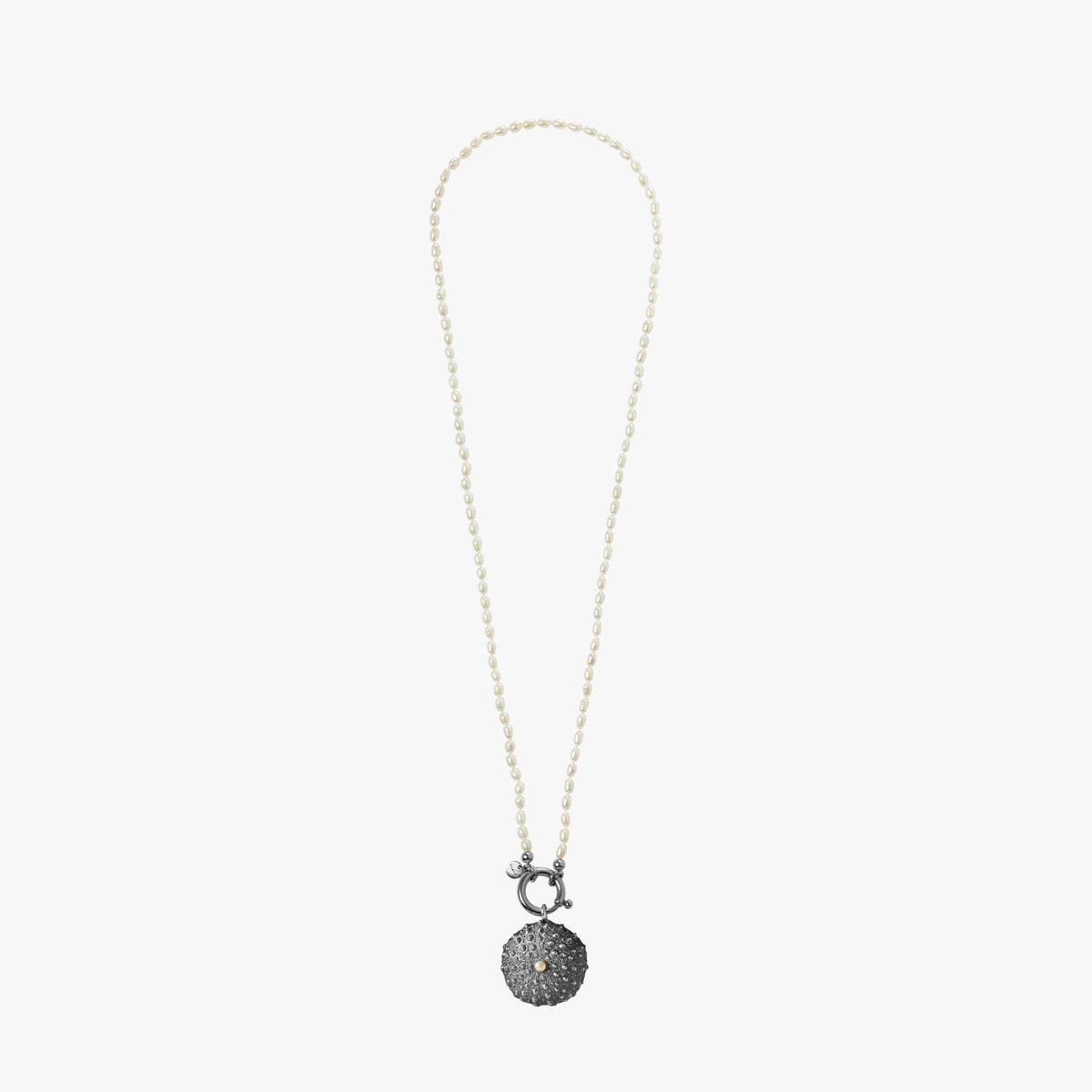 Oceano Surinam 70cm oxidised silver necklace with white rice pearls and sea urchin