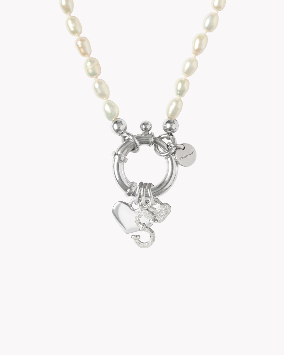 Surinam sterling silver pearl necklace personalised with alphabet letter charms