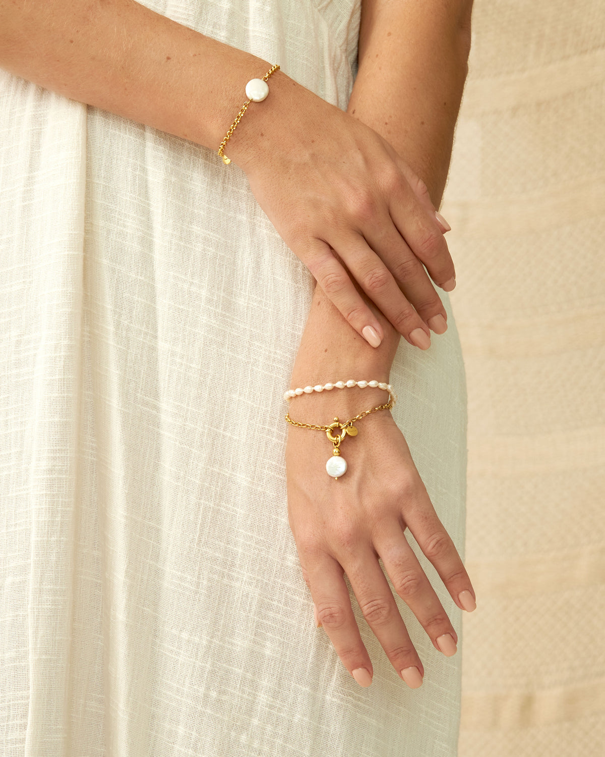 Natural freshwater white rice pearls on an 18K gold vermeil Surinam bracelet
