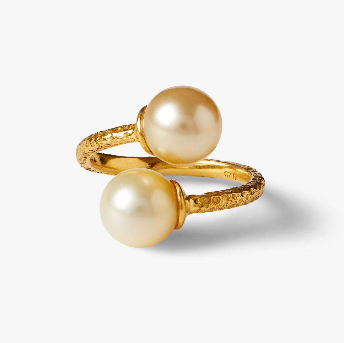 Trou D'eau Douce gold beaten ring with two 9mm golden South Sea pearls