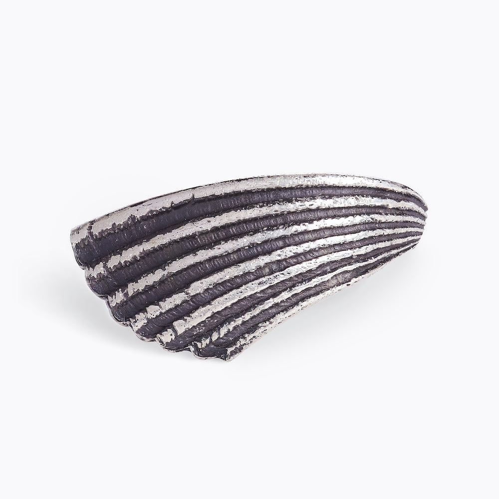 Close-up detail of the Le Morne oxidised silver ring with its sculptural shell-inspired design